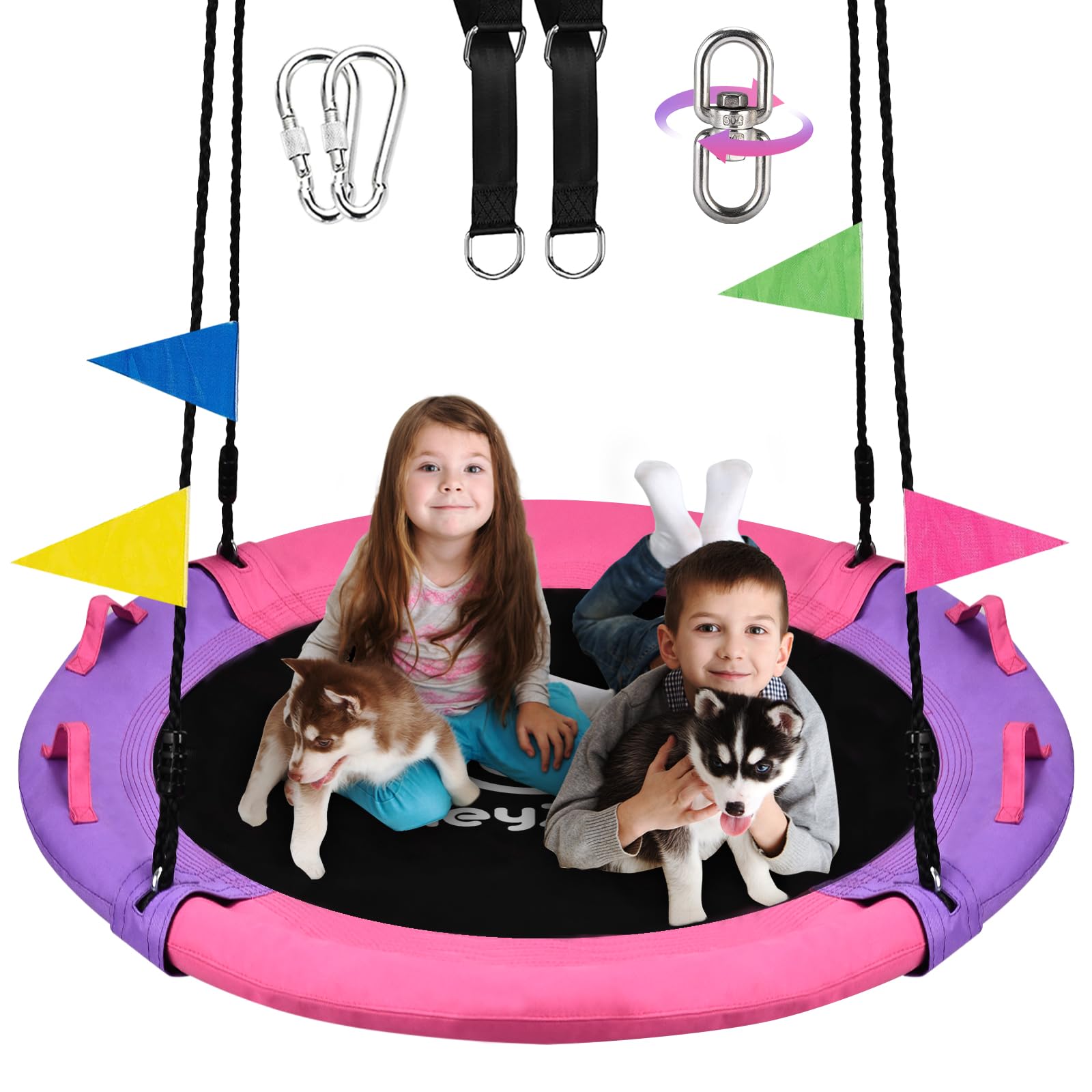 HeyZoo Tree Swing, 43 Inch Saucer Swing Sets for Kids, Come with 360 Degree Swivel and Adjustable Hanging Strap, Pink and Purple