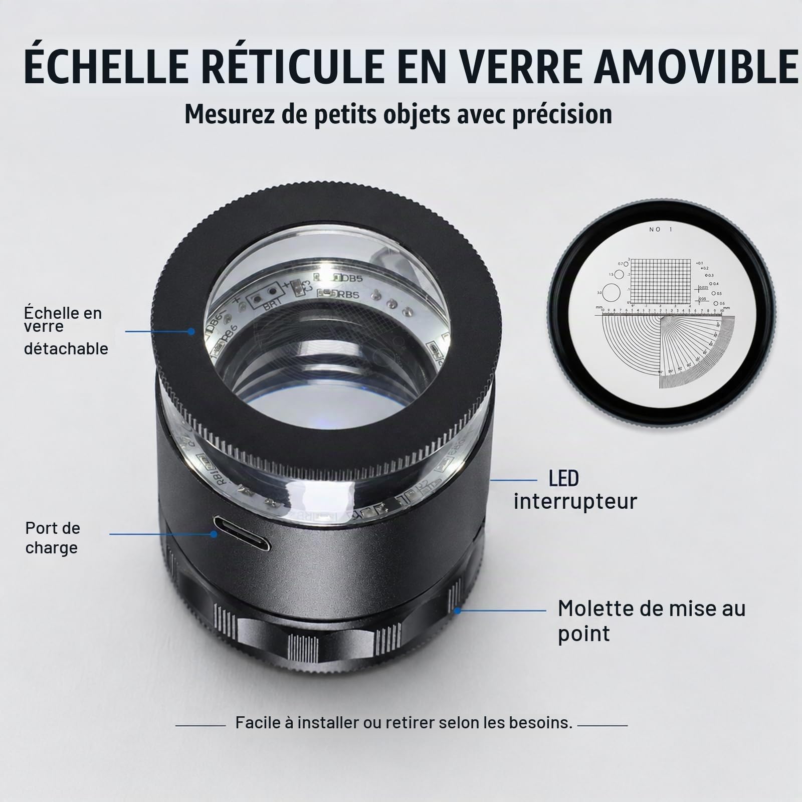Loupe de bijoutier 10x avec échelle Rechargeable lumières LED lentille 25mm
