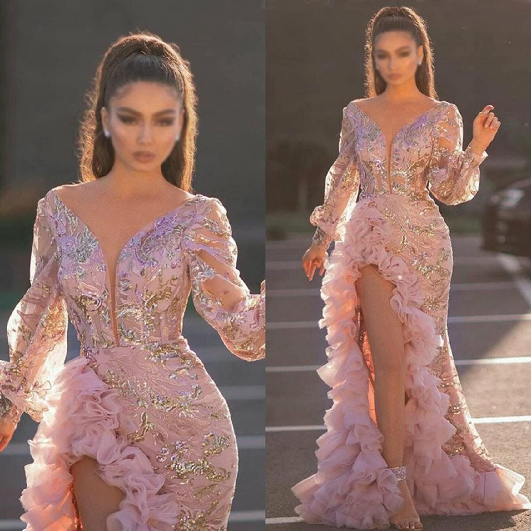 NLAVW Vestido de Noche para Mujer, Rosa, Sexy, con Escote en V Profundo, ceñido al Cuerpo, Malla con Abertura, Lentejuelas, Fiesta, graduación, Vestido Formal, Vestidos maduros