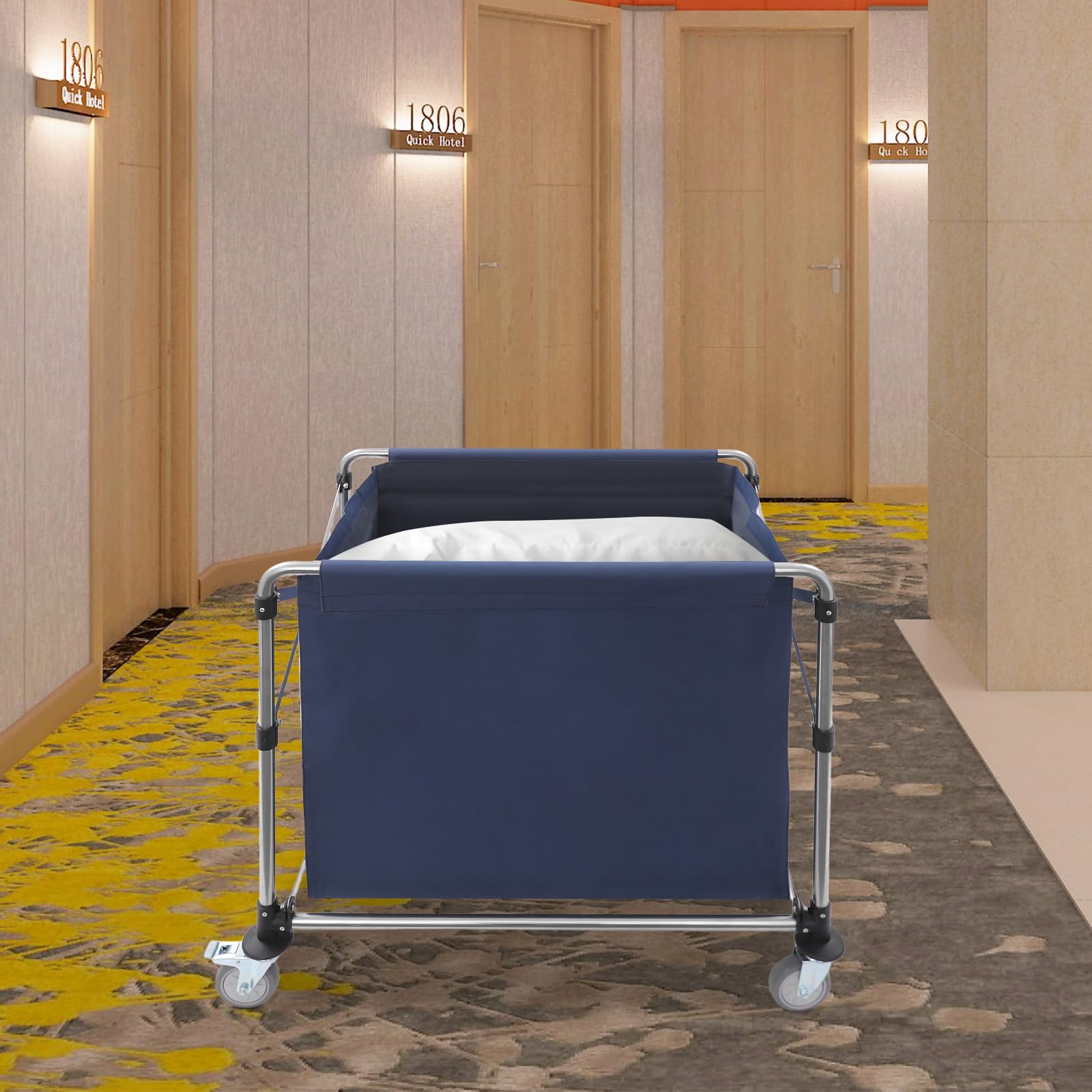 Carrito de lavandería de acero inoxidable con capacidad de carga de 100 kg, carrito de lavandería plegable con ruedas, apto para hoteles, lavanderías y almacenes, 90 × 60 × 88 cm