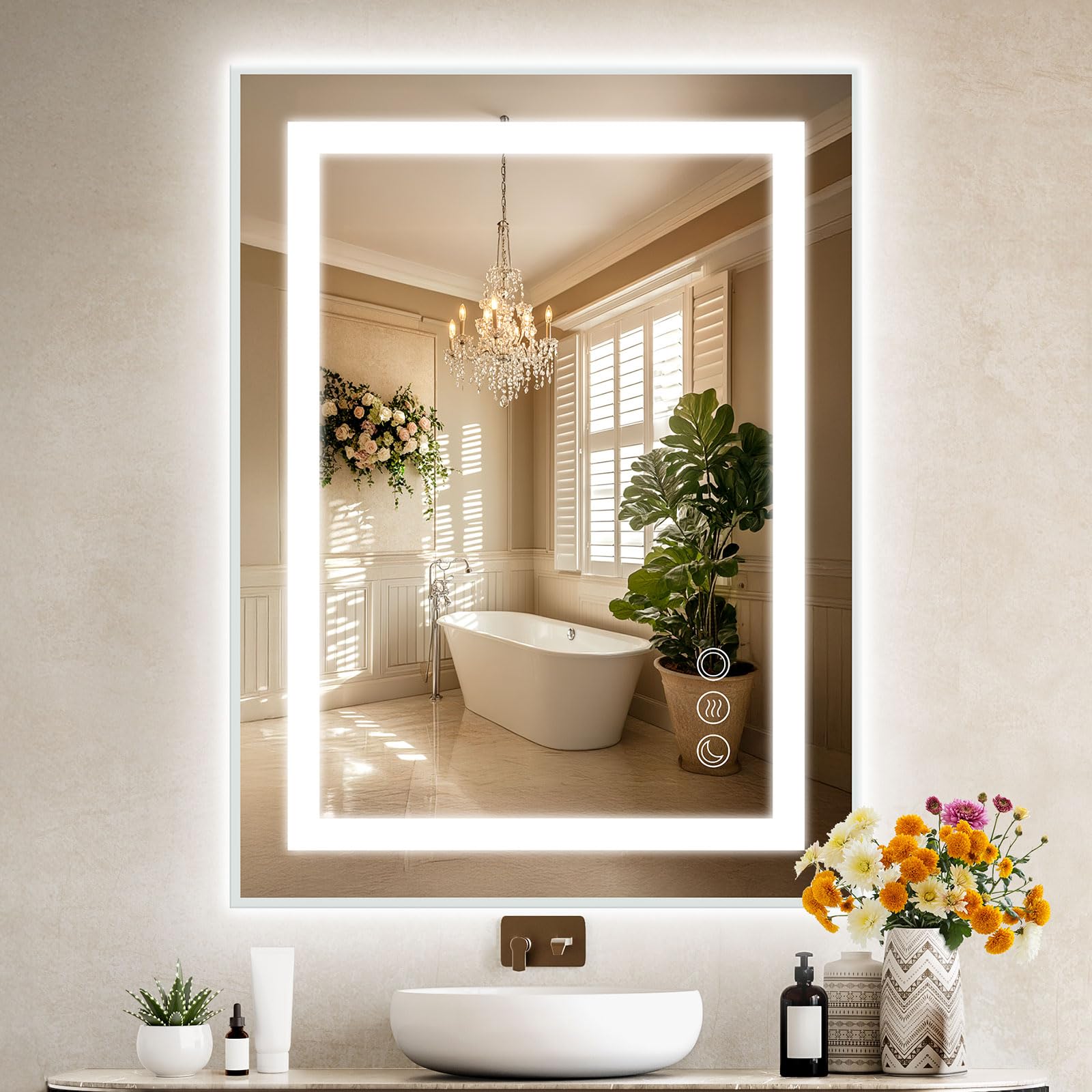 led mirror for bathroom, 24×32 backlit & frontlit(seperate control), vanity mirror with 3 colors lights, anti-fog, hd tempered glass, dimmable brightness, memory function, ul-listed