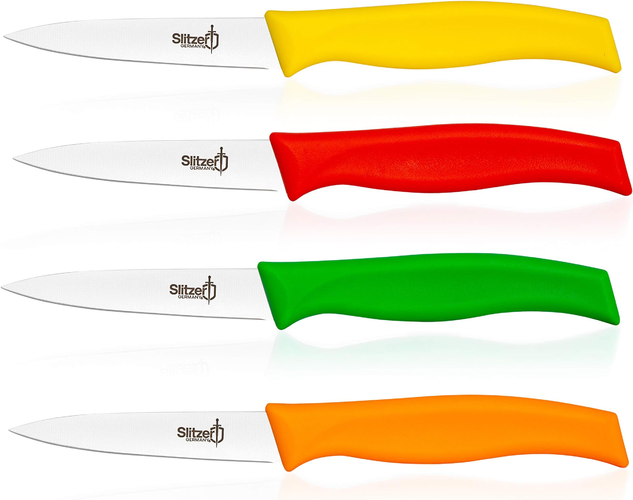 4-Piece Paring Knife Set, 3 1/2 Inch Blade, German Stainless Steel, Colored Handles, Red, Yellow, Green, Orange