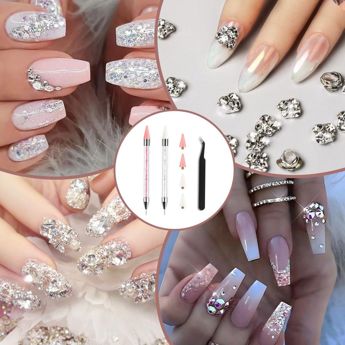 2 Set Penna di Cera per Strass Unghie con Punte di Ricambio e Pinzetta, Penna per Nail Art di Precisione, Brillantini Unghie, Strass Nail Pen per Decorazioni Unghie e DIY