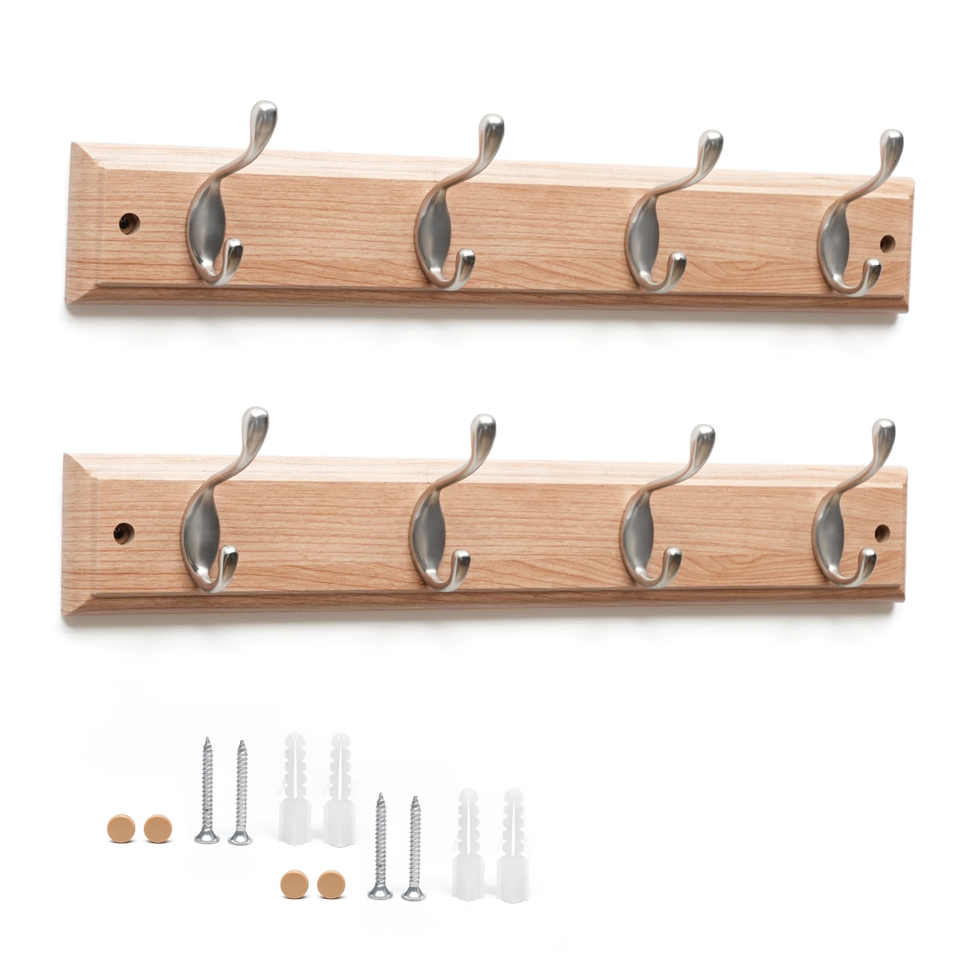 Flatro Coat Hooks Wall-Mounted (Fixings Included) Pack of 2 MDF with a Bamboo Finish Coat Rack with 4 Zinc Alloy Hooks to Hang Hats, Jackets, Bags, Keys, Towels for Home Entrances, Bedrooms, Bathrooms
