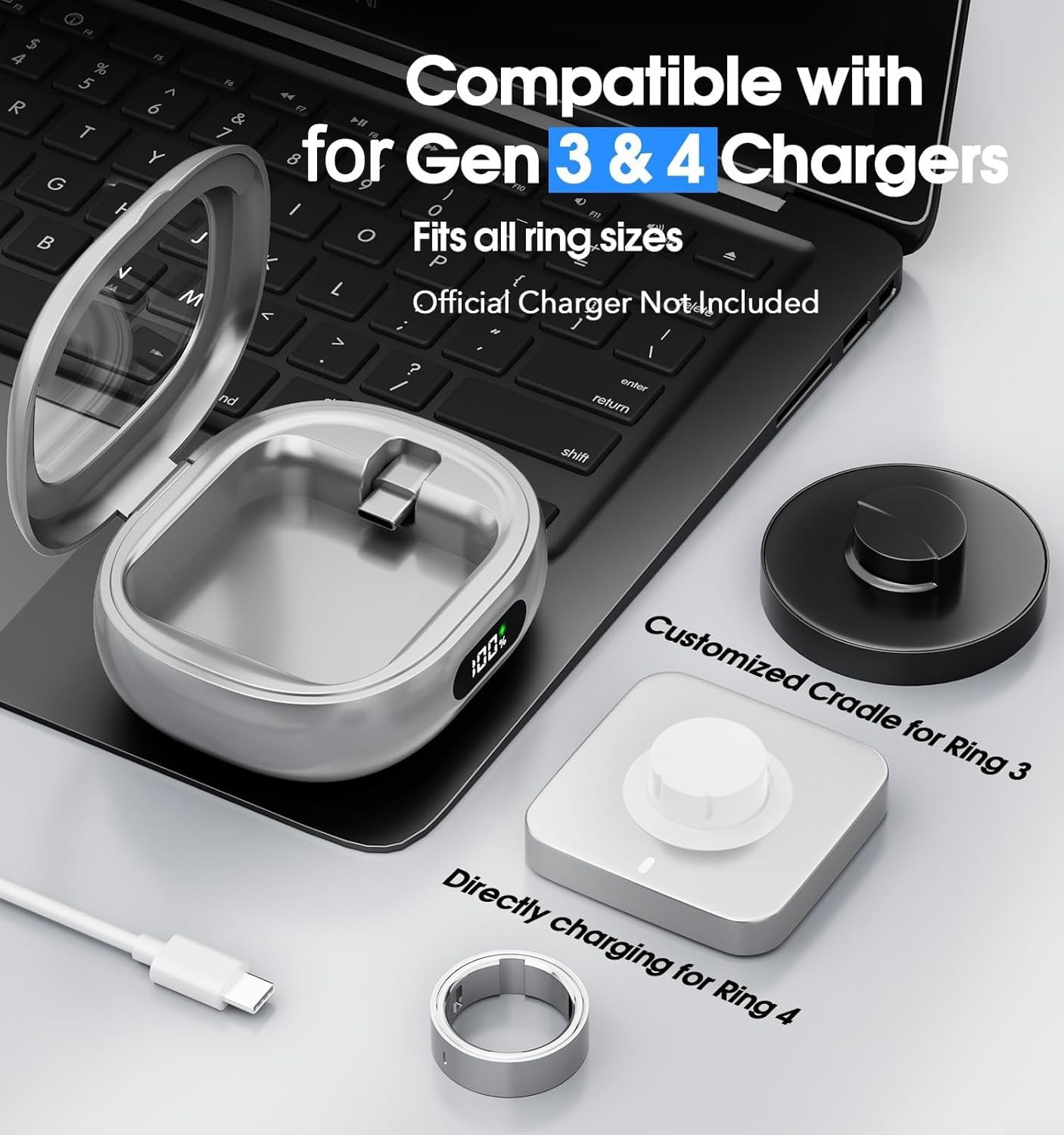 Startbuymore Oura Ring 4 Ladehülle, 2000 mAh Ladehülle, kompatibel mit OURA Ring Gen 4 und mit Echtzeit-Akkuüberwachung und 45-Tage-Standby-Zeit (Silber)
