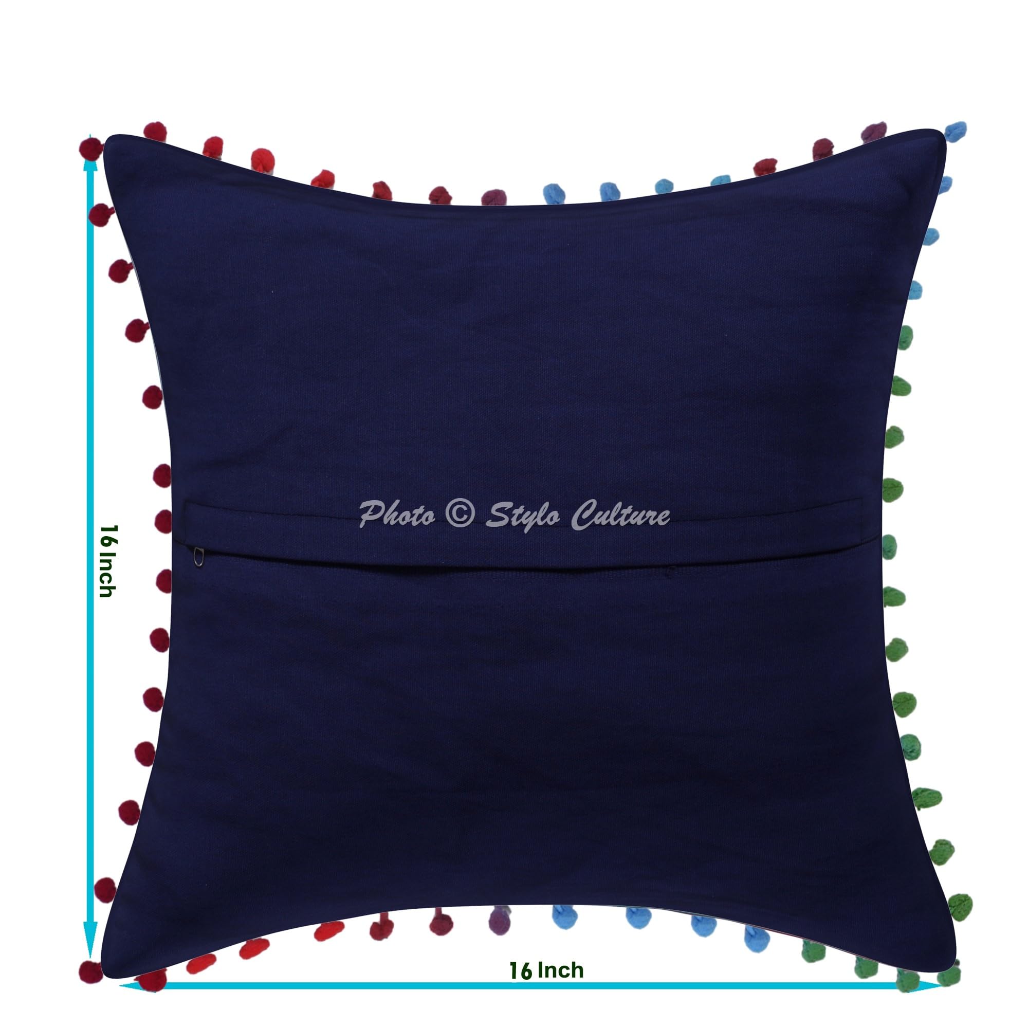 Ethnisch Dekorativ Baumwolle Couch Kissenbezüge 40x40 cm Dunkelblau Dekokissen Suzani Bestickte Pom Pom Spitze Schlafzimmer Sofa Kissen Bezüge Quadrat Blumen Kissenhullen - 5 STK.