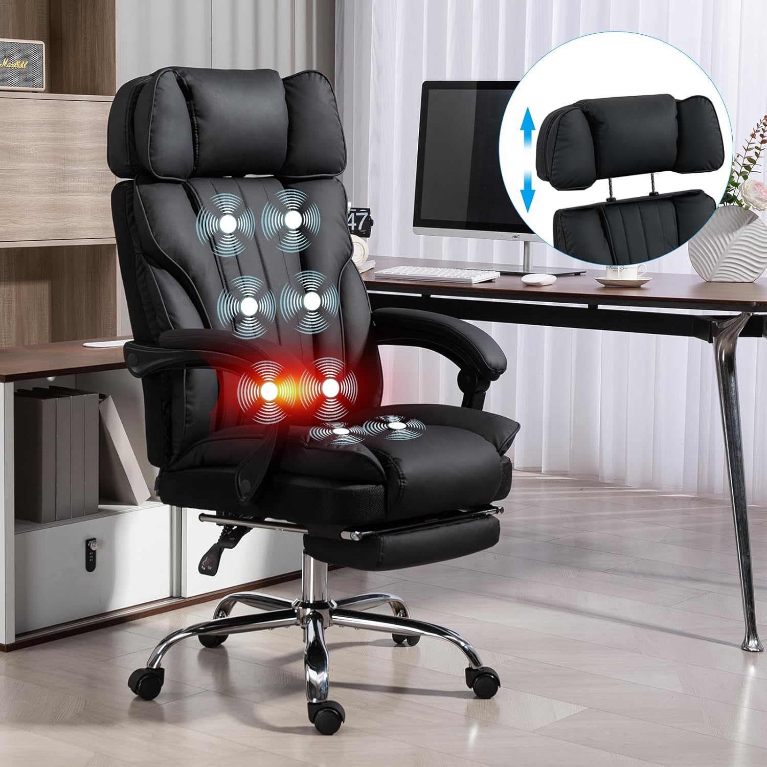 Massage Office Chair with Heat and 8 Vibration Points Big and Tall Executive Office Chair with Adjustable Headrest, Extra Wide Seat, Footrest, Padded Armrests, Reclining High Backrest
