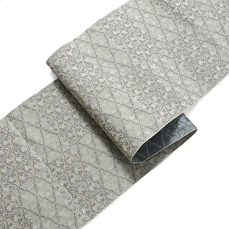 名古屋帯 小紋市松 ベージュ 青ポリエステル 洗える お太鼓 九寸 全通柄