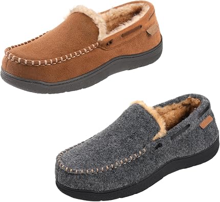 Zigzagger Set of 2 Pairs of Mens Moccasin Slippers, Size 11, Tan & Felt Grey