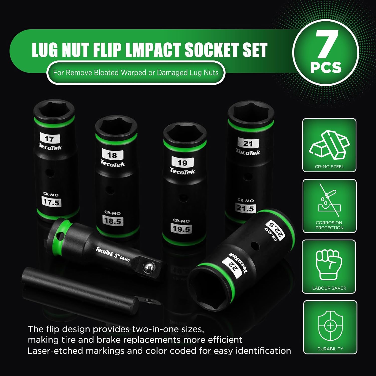 TecoTek 7PCS Lug Nut Socket Set, 1/2” Impact Thin Wall Flip Socket, Half Size Wheel Socket Set, Metric, 6 Point, 3" Extension Bar & Knockout Bar, 17.5mm, 18.5mm, 19.5mm, 21.5mm, and 22.5mm