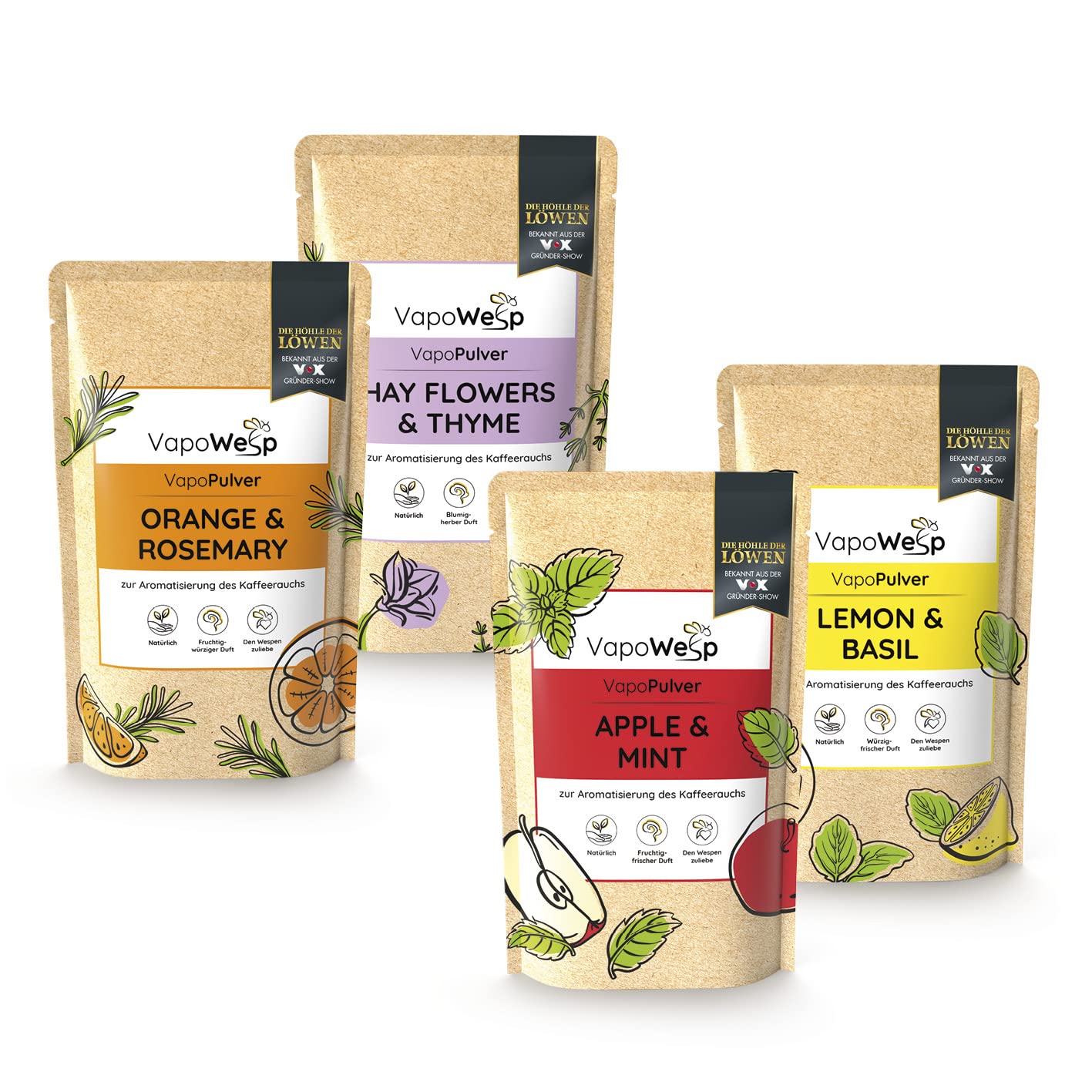 VapoWesp Pulver-Set alle 4 Sorten je 100g | Orange & Rosemary, Apple & Mint, Lemon & Basil, Hay Flowers & Thyme | Aromatischer Duft für die VapoWesp Räucherbox