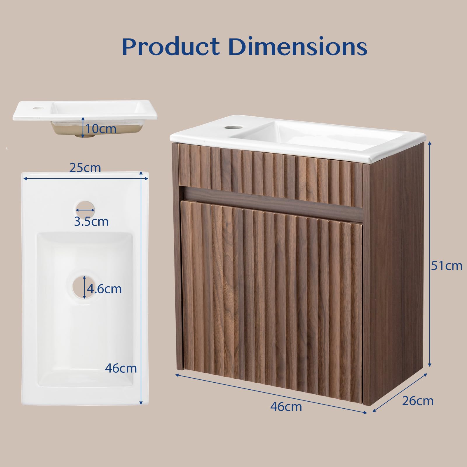 Bonnlo Meuble Salle de Bain Mural avec Vasque en Céramique, Meuble de Rangement Complet Suspendu avec Lavabo en Couleur Noyer, Petit Meuble pour WC, 46 x 26 x 51 cm