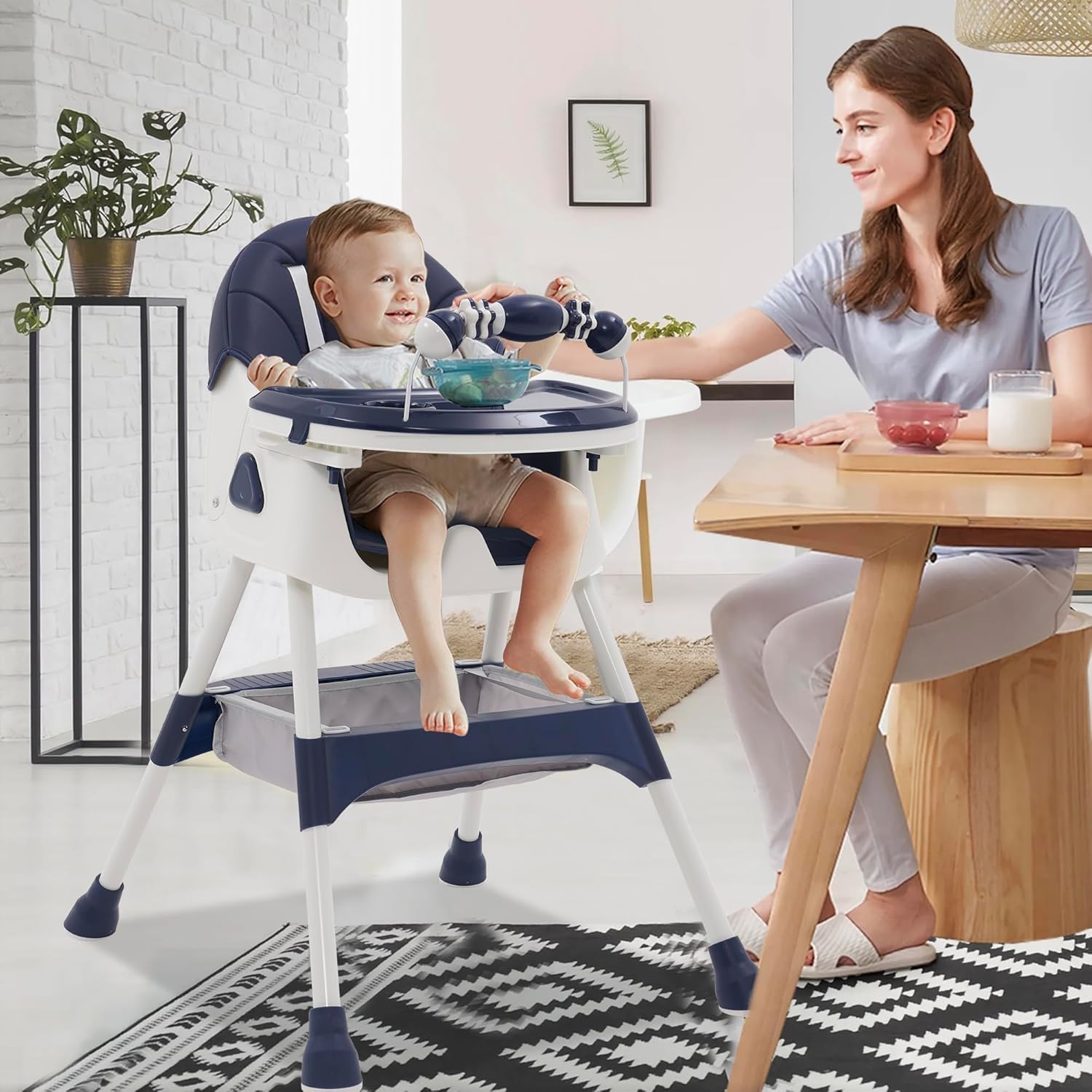3 en 1 Chaise Haute bébé Evolutive Pliable Chaise Haute Inclinable Enfant Chaise Reglable Hauteur avec Roue Verrouillable et Double Plateau, porte-jouets, de 6+ Mois, 4 Angles Ajustables