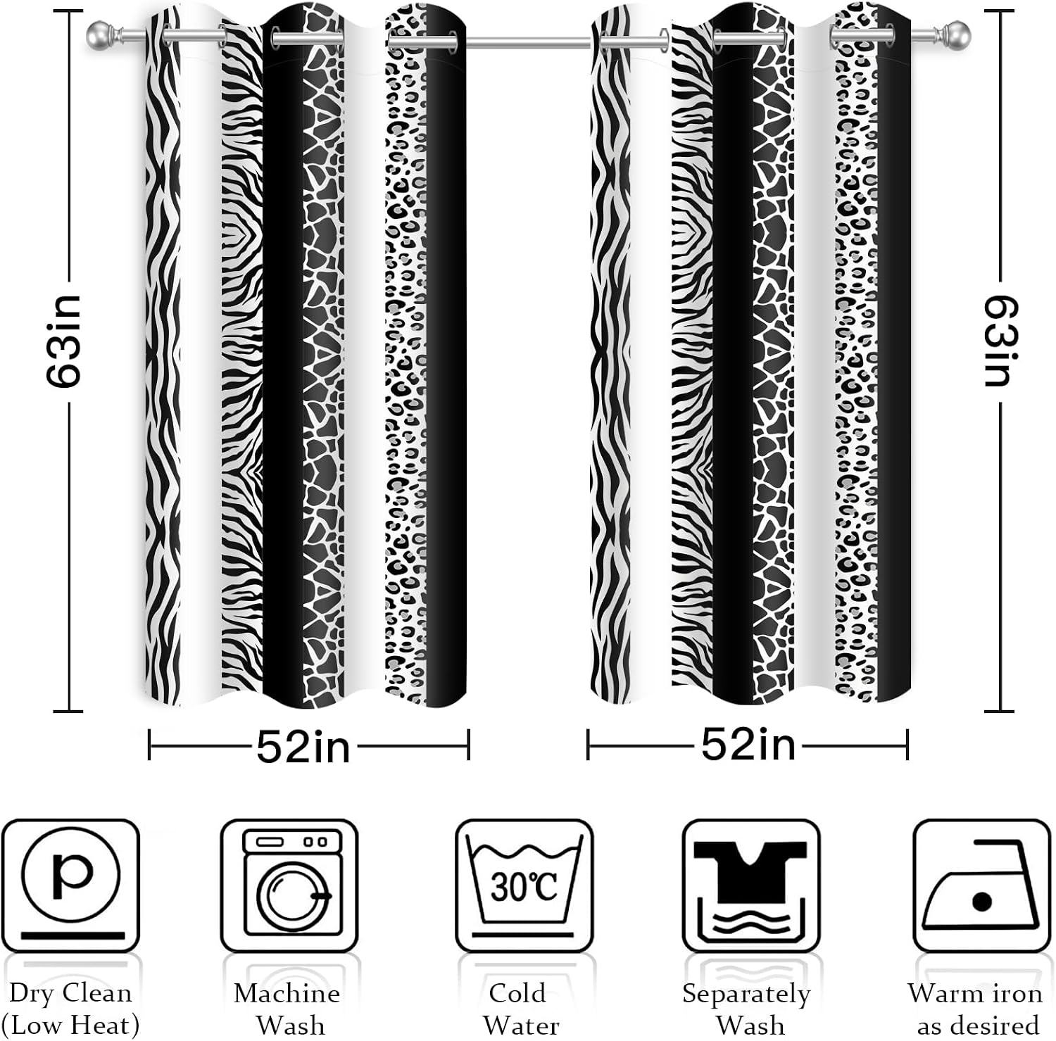 Animal Print Curtains Black and White Cheetah Zebra Giraffe Leopard Print Striped Blackout Curtain for Bedroom Living Room Grommet Window Drapes 2 Panels, 52x63 Inch