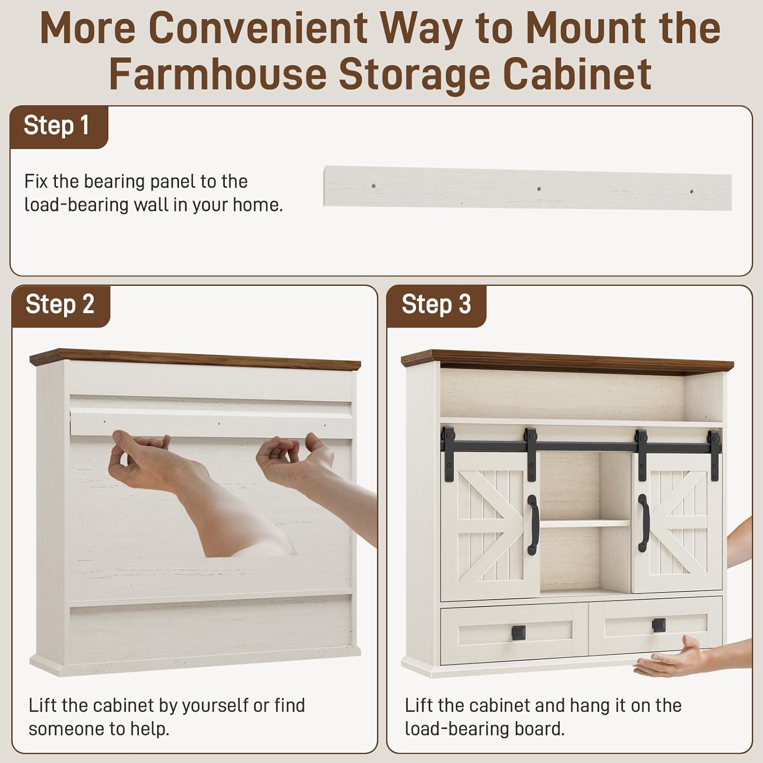 Vabches Bathroom Wall Cabinet, Farmhouse Medicine Cabinet with Double Sliding Barn Door and Storage Drawer, Wooden Vintage Storage Cabinet Wall Mounted for Bathroom, Kitchen, Rustic White and Brown