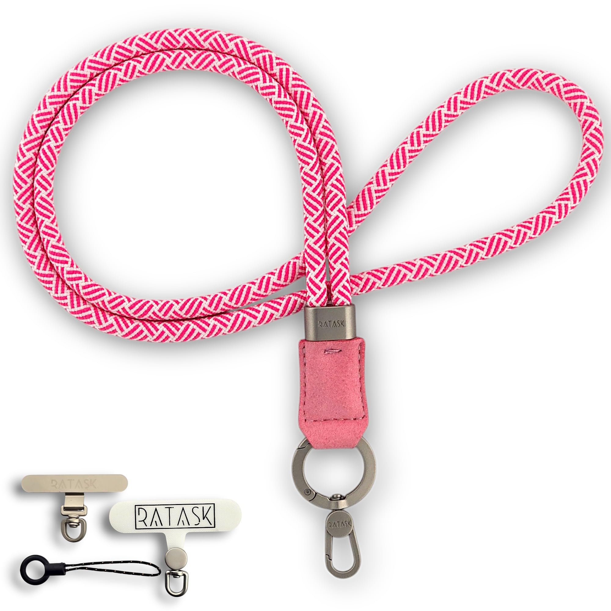 RATASK Neck Lanyard Strap for Mobile Phones, Camera, ID card Holder, Badge Holder, comes with 2 tether tabs(1x metal & 1x fabric) (Pink striped)