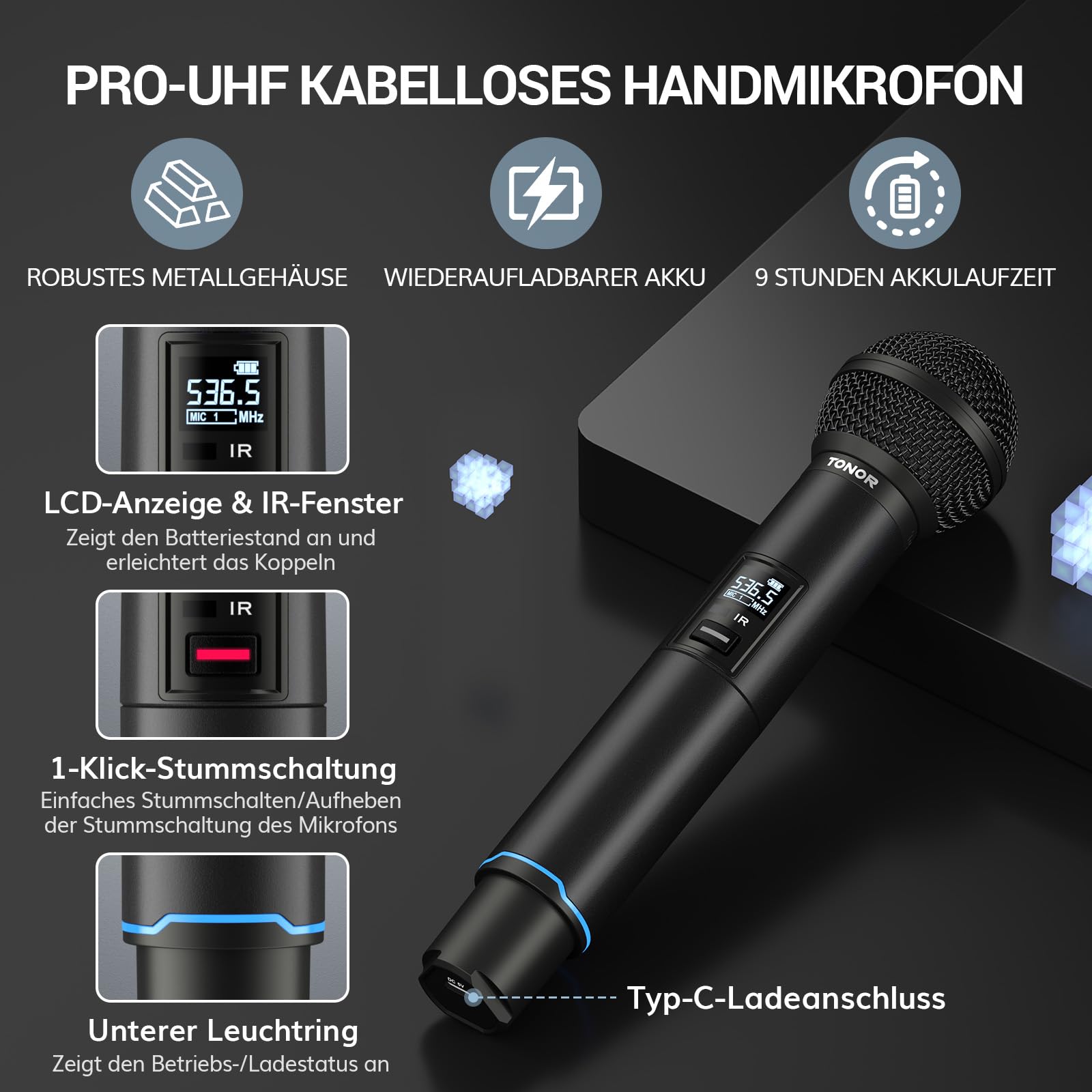 TONOR Mikrofon Kabellos Wiederaufladbares, UHF Funkmikrofon Set, 2x100 einstellbare Funk Metall Wireless Microphone mit Lichtring, Auto Scan, 100 m Reichweite für Gesang Karaoke Kirche Party, TW750