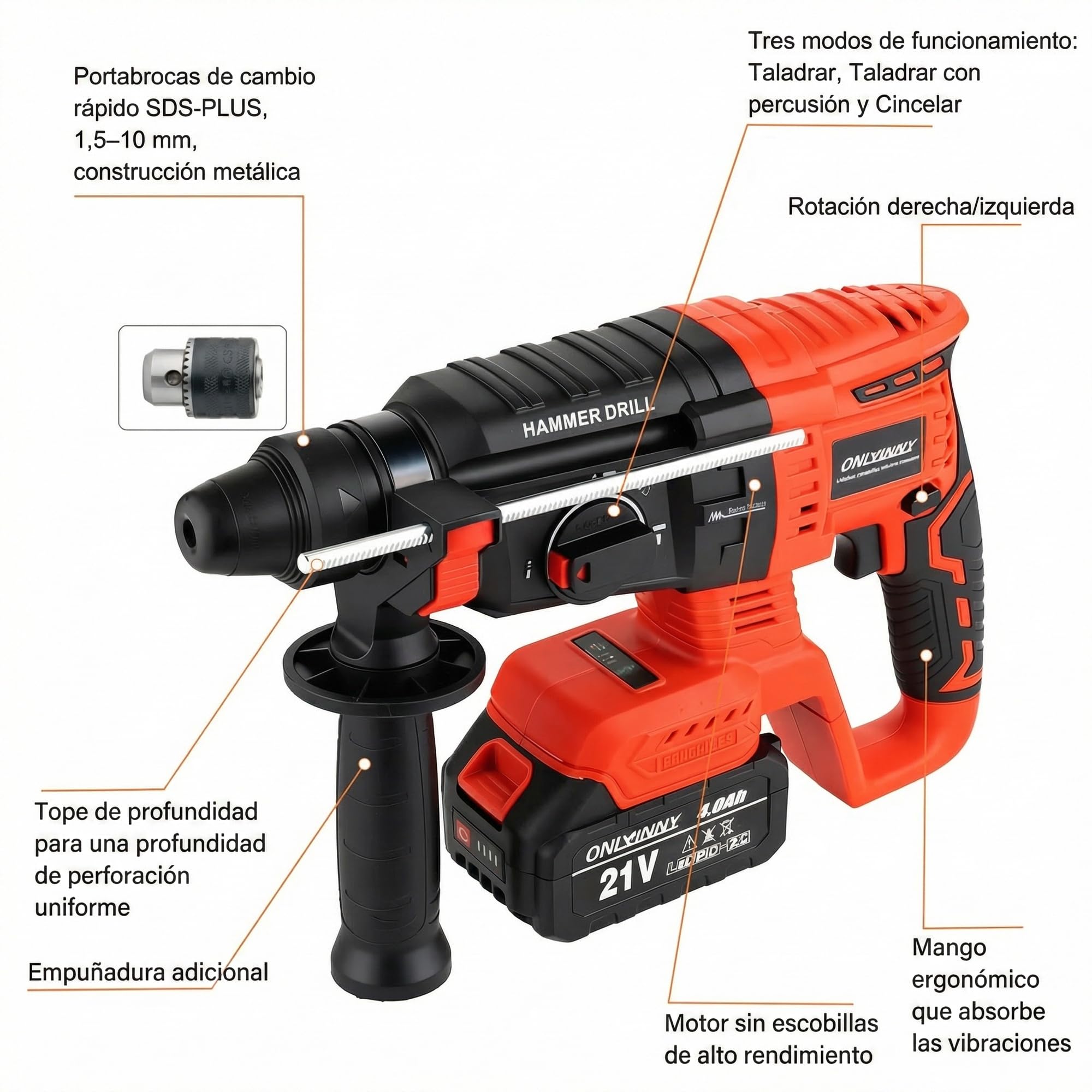 Martillo perforador SDS Plus, Motor sin escobillas, 3 en 1 (perforar/golpear/escariar), Compatible con batería Makita 18V, 2x Baterías 4.0Ah Cargador en maletín