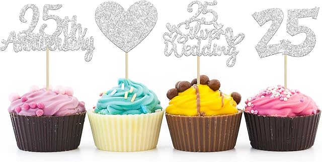 Gyufise 24Pcs 25th Anniversary Cupcake Toppers Silver 25th Wedding Anniversary Heart Cake Decorations for 25 Silver Wedding Celebration Party Supplies Decorations