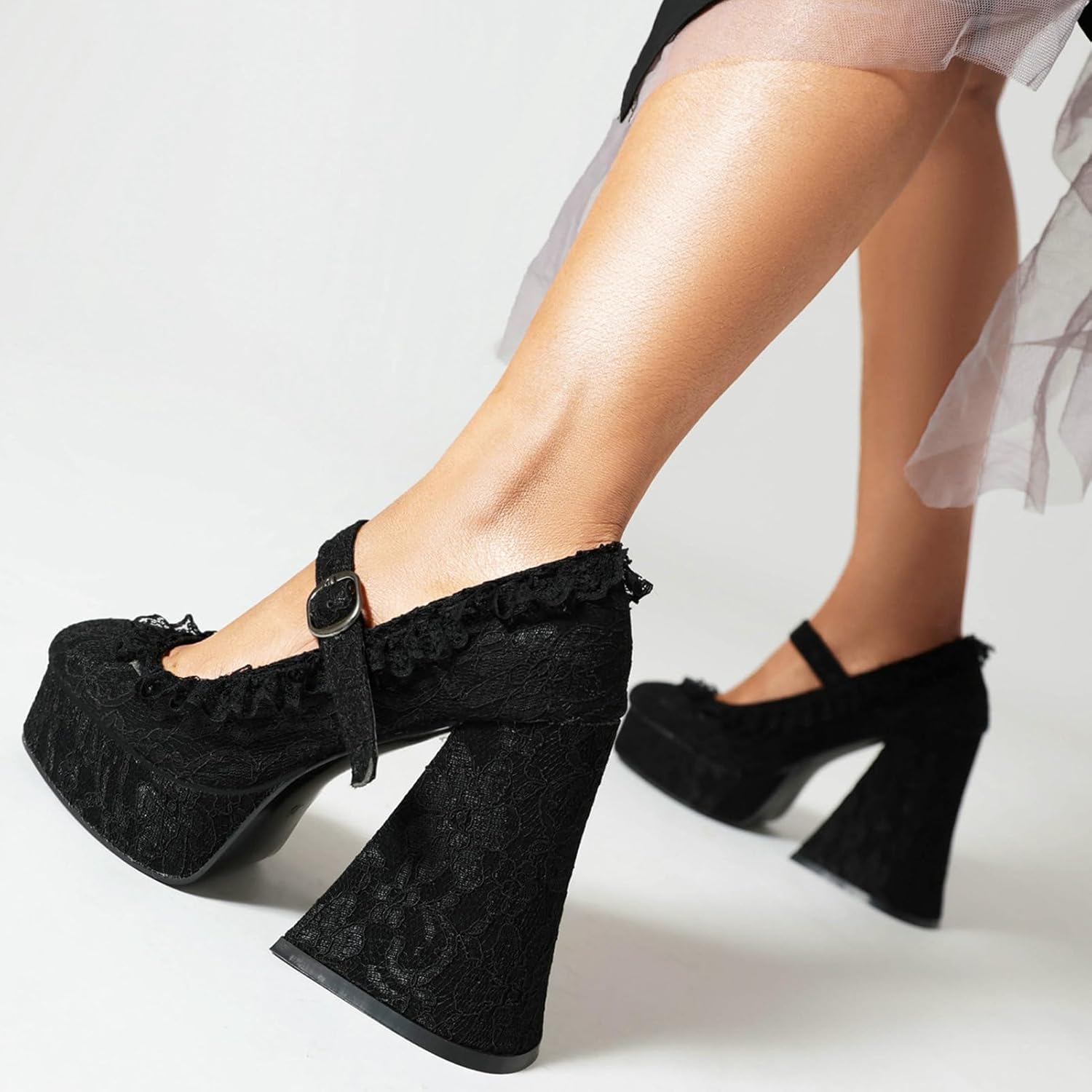 LUXMAX Women's Goth Lolita Shoes Platform Mary Janes Chunky Heel Pumps Lace Flower Gothic Heels Cosplay Shoes