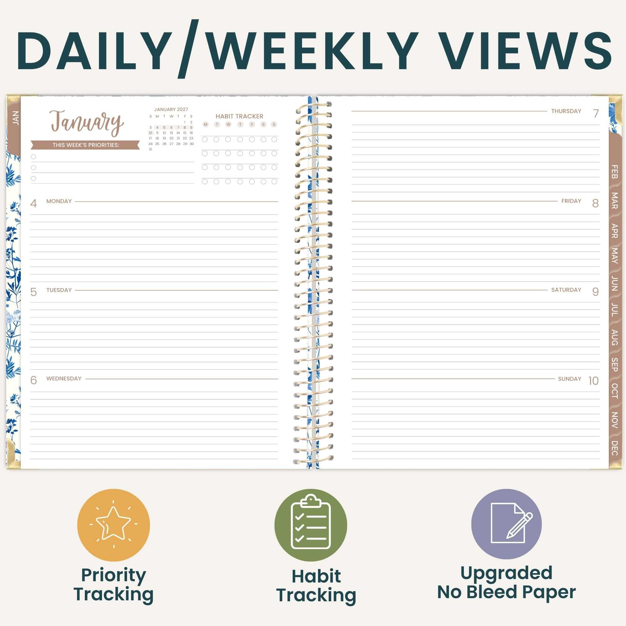 bloom daily planners Agenda de tapa dura 2027 (8.5 x 11 pulgadas) de enero a diciembre de 2027, calendario anual, agenda de tareas para mujeres, agenda inspiradora mensual y semanal, floral azul y