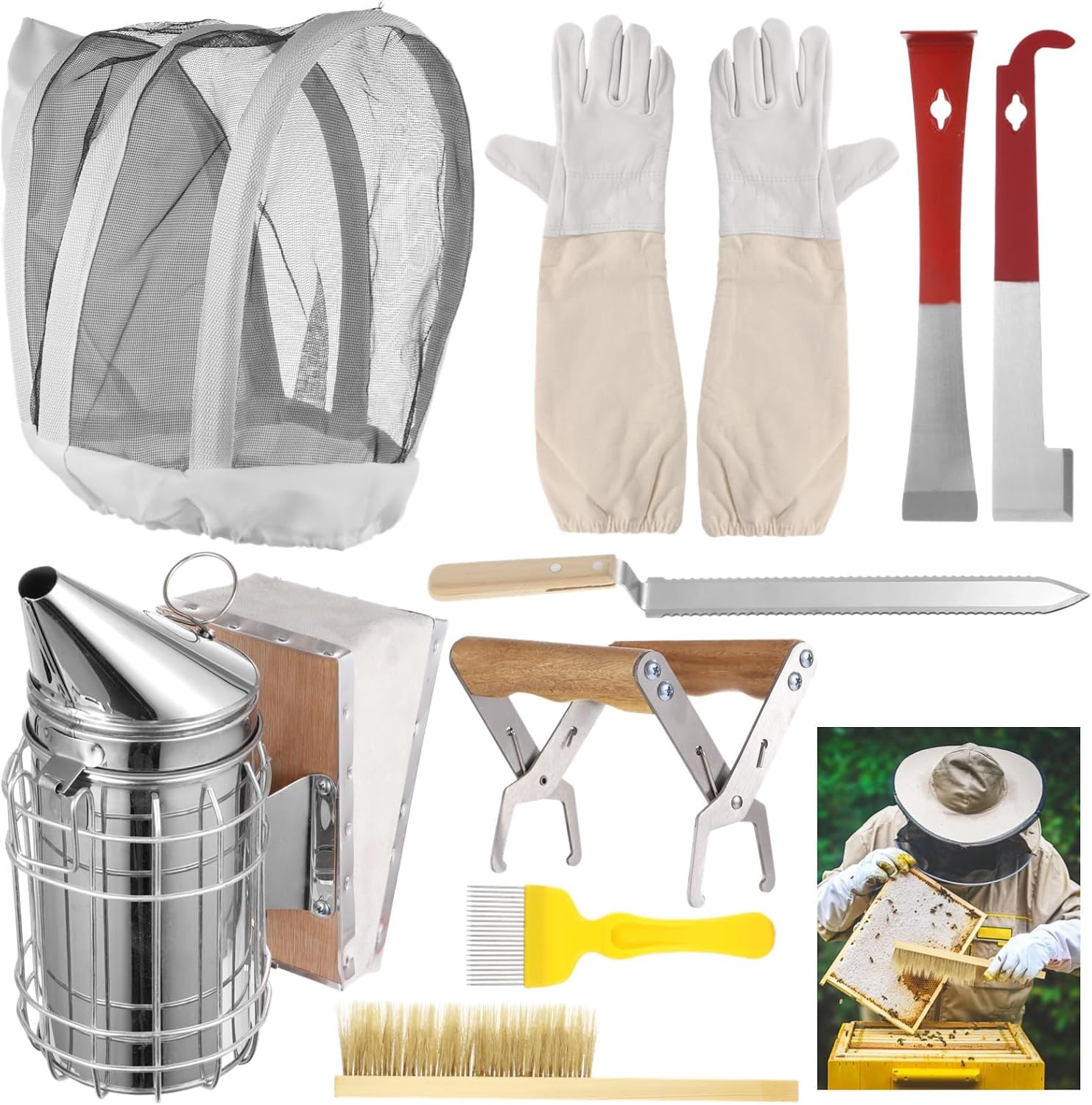 Beginner's Beekeeping Kit: 9-Piece Set with Smoker, Uncapping Tools, Gloves, Hat, Frame Grip, and Hive Hooks for New Beekeepers