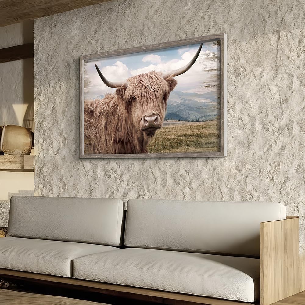 Highland Cow Wooden Wall Art: Rustic Farmhouse Animal Framed Painting Artwork Western Country Farm Picture Print Decor for Living Room Bedroom Office 48”x32”