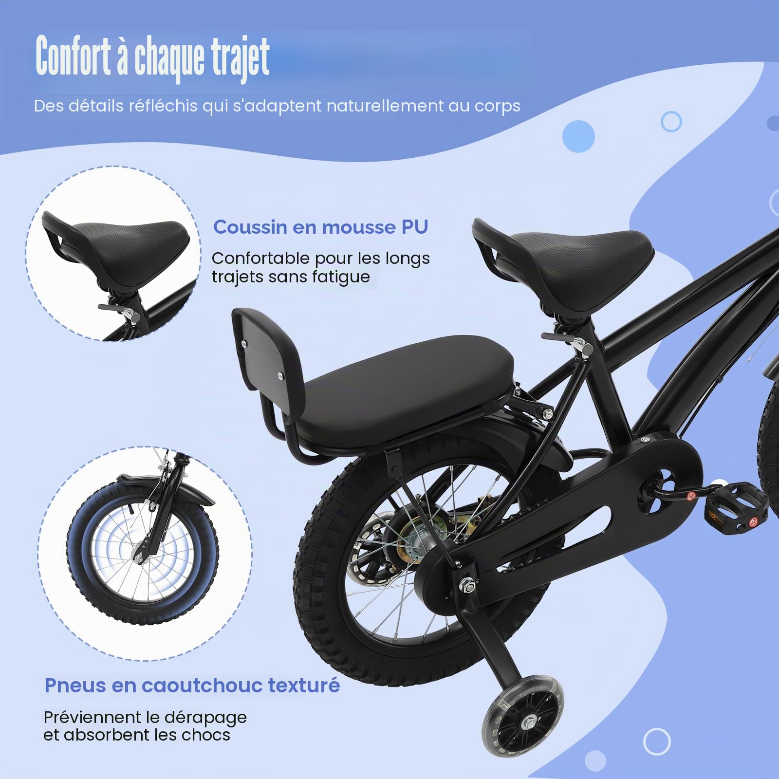 Vélo enfant 14 pouces pour garçon et fille, vélo avec roues stabilisatrices, panier avant et dossier, hauteur réglable, vélo pour enfant à partir de 4 ans en acier au carbone de haute
