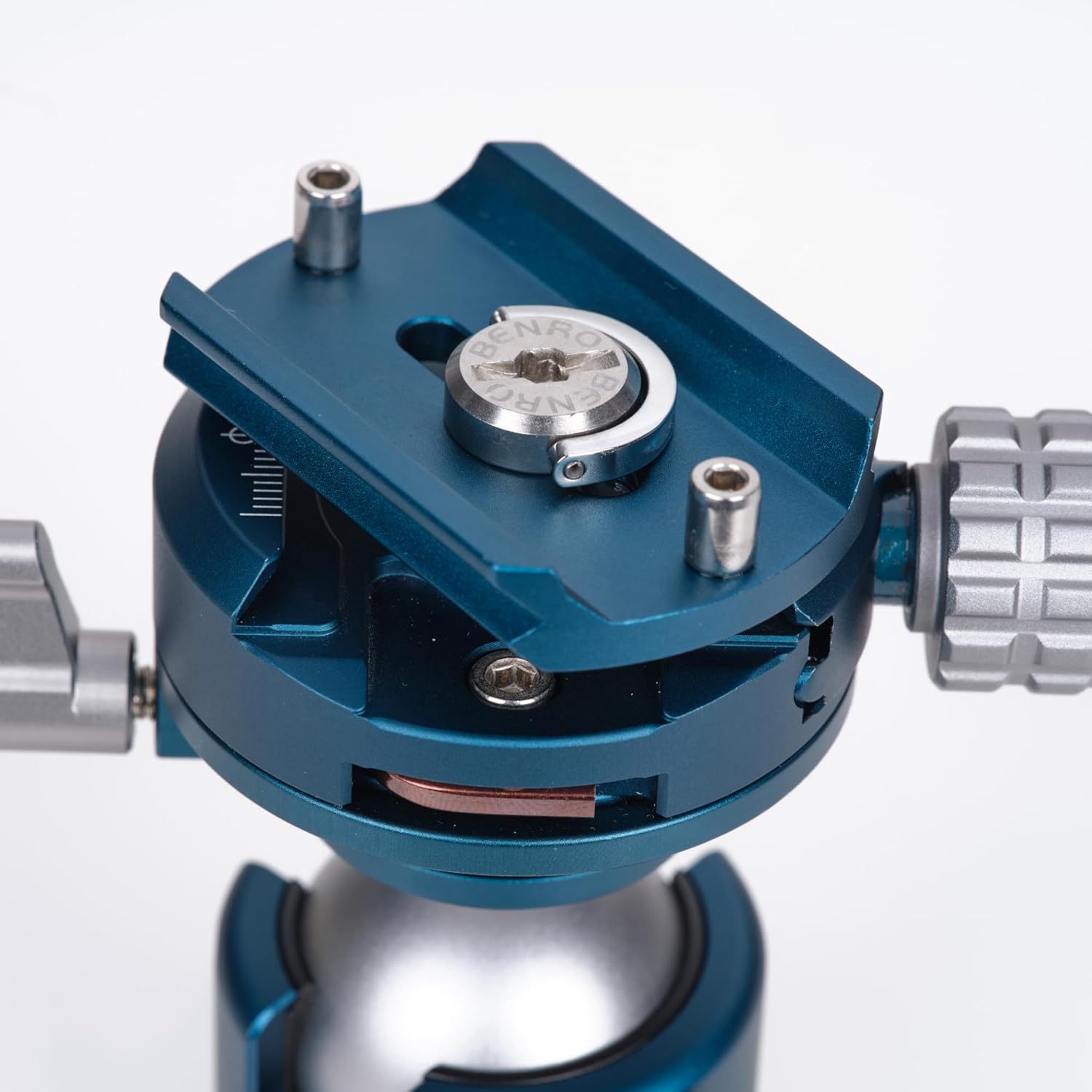 Close-up of the Arca-Swiss quick release plate with its mounting screw.