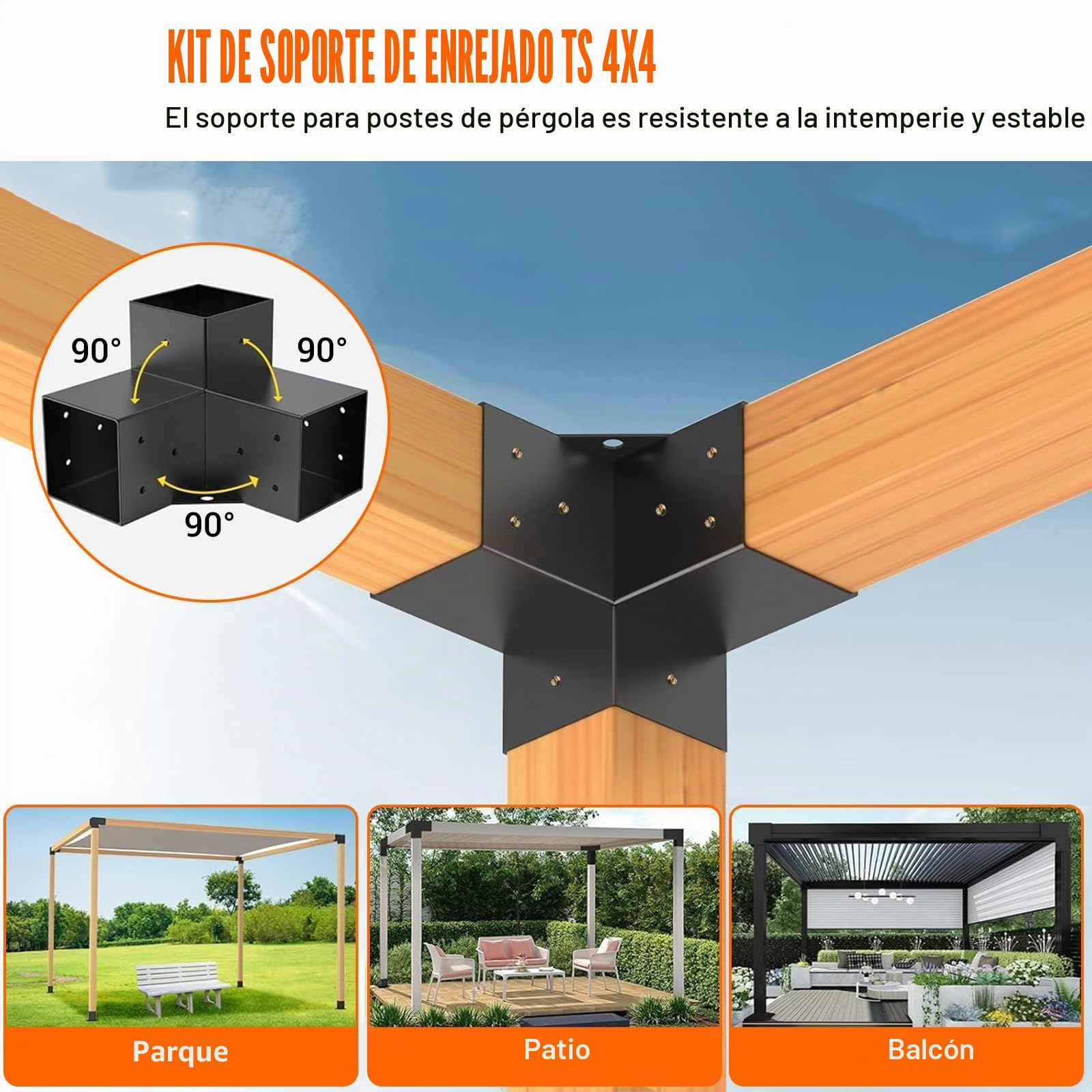 Kit de Soportes de Esquina 3 Vías 90° para Pérgola, Postes de Madera 100×100 mm, Fácil Montaje, para Cenadores y Estructuras Exteriores, 8 uds