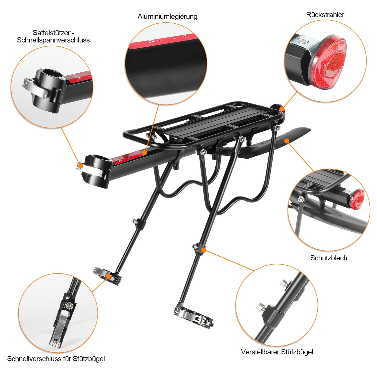 Herrselsam Fahrrad Gepäckträger Mountainbike Gepäckträger mit Reflektor und Schutzblech, Aluminiumlegierung Fahrradgepäckträger für 24-29 Zoll Rennrad, MTB, Mountainbike, Maximale 50 kg