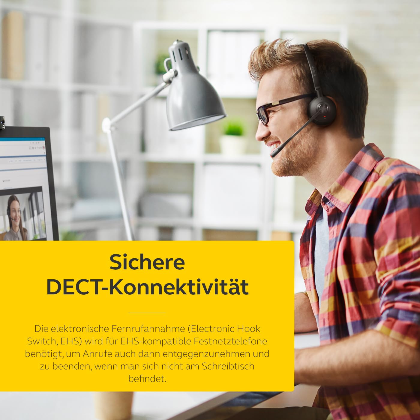 Jabra Engage 75 SE Drahtloses Stereo-Headset für professionelle Anrufe, DECT, 150 m Reichweite, USB-C zu USB-A mit fortschrittlichem Mikrofon mit Geräuschunterdrückung, mit Standfuß, Kabel - Schwarz
