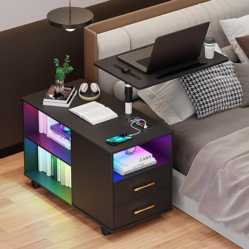 Miniatura 55 de HNEBC Mesita de noche con estación de carga inalámbrica, la mesita de noche LED tiene una estación de trabajo giratoria ajustable, mesita de noche 1