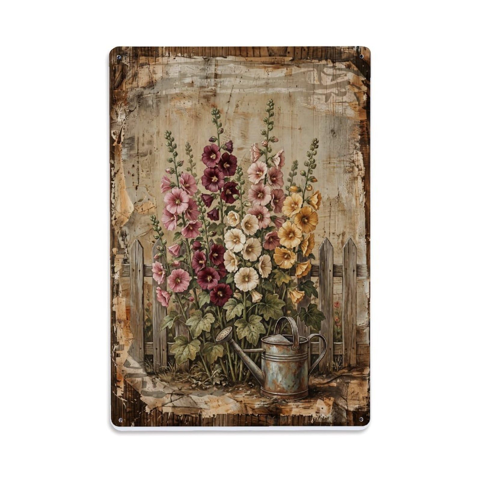 Hollyhock Garden Tall Flowers Countryside Cottage Metal Tin Sign Plaque Wall Decor for Cafe, Club Bar, Office, Home Garden Metal Poster 8x12Inch