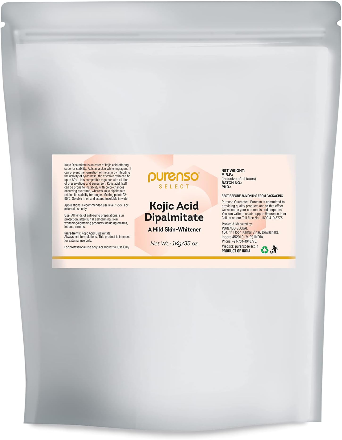 Purenso Select - Kojic Acid Dipalmitate, 1Kg | 100% Pure LIGHTENS & BRIGHTENS SKIN | Diminishes the Appearance of Brown Spots & Discoloration | for DIY Soaps, Creams, and Serums
