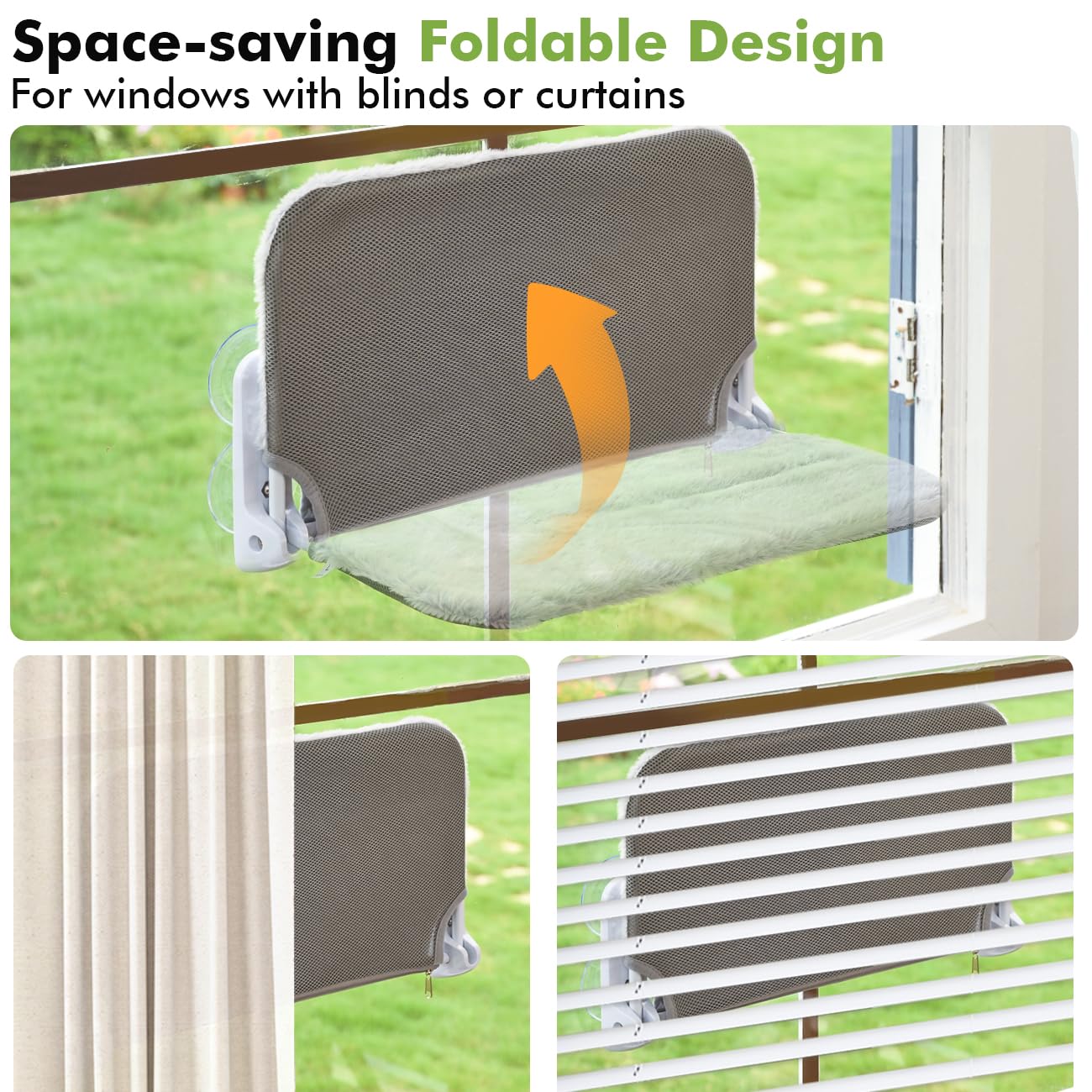 2PC Cat Window Perch Cordless Foldable Cat Hammock Bed for Window with Metal Frame and Reversible Cover, Large Suction Cups Window Resting Seat for Indoor Cats (Cat Bed, M-2PC) - image 6