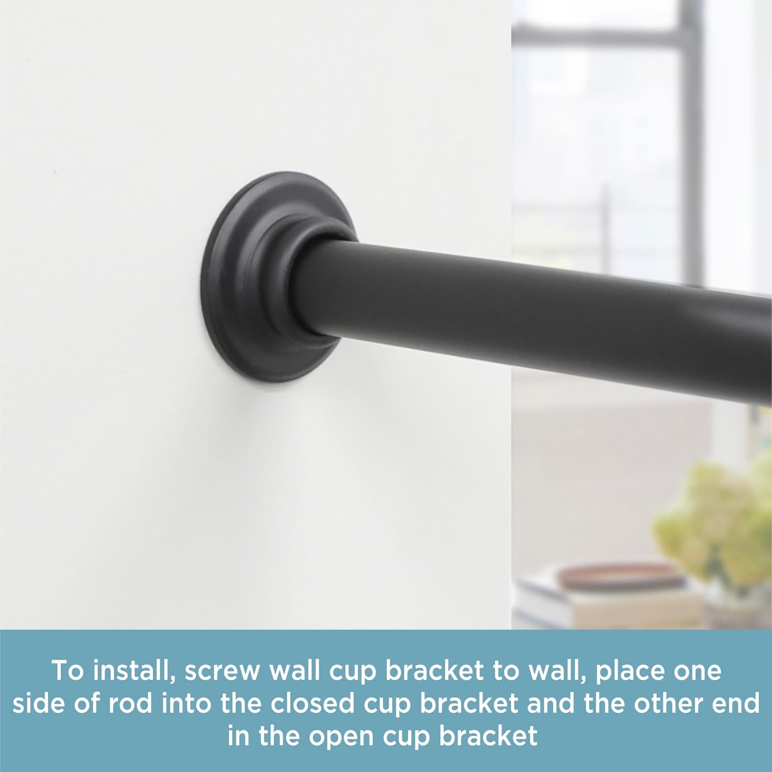 Kenney 3/4" Diameter Curtain Rod Hardware Mount Wall Cup Brackets, Set of 2, Black