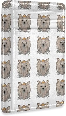 Brown Yorkshire Terrier Head Face Seamless on White Slim Minimalist Wallet, Front Pocket RFID Blocking Leather Credit Card Holder, Case Protector Covers for Men Women