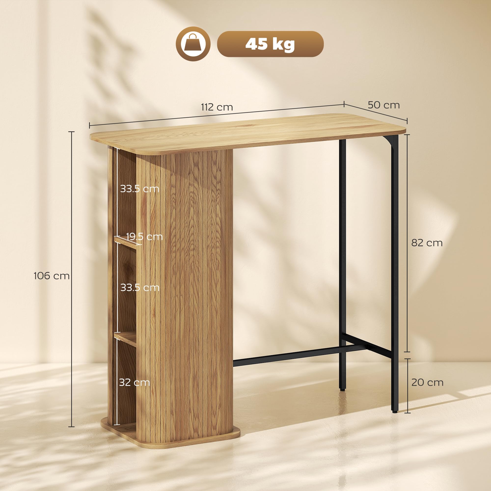 HOMCOM Table de Bar avec 3 étagères, Table Haute Mange Debout pour 2 Personnes, Style scandinave, Design à Lattes et Pieds en métal, pour Petits espaces, Cuisine, Salon, 112x50x106cm, Bois Naturel