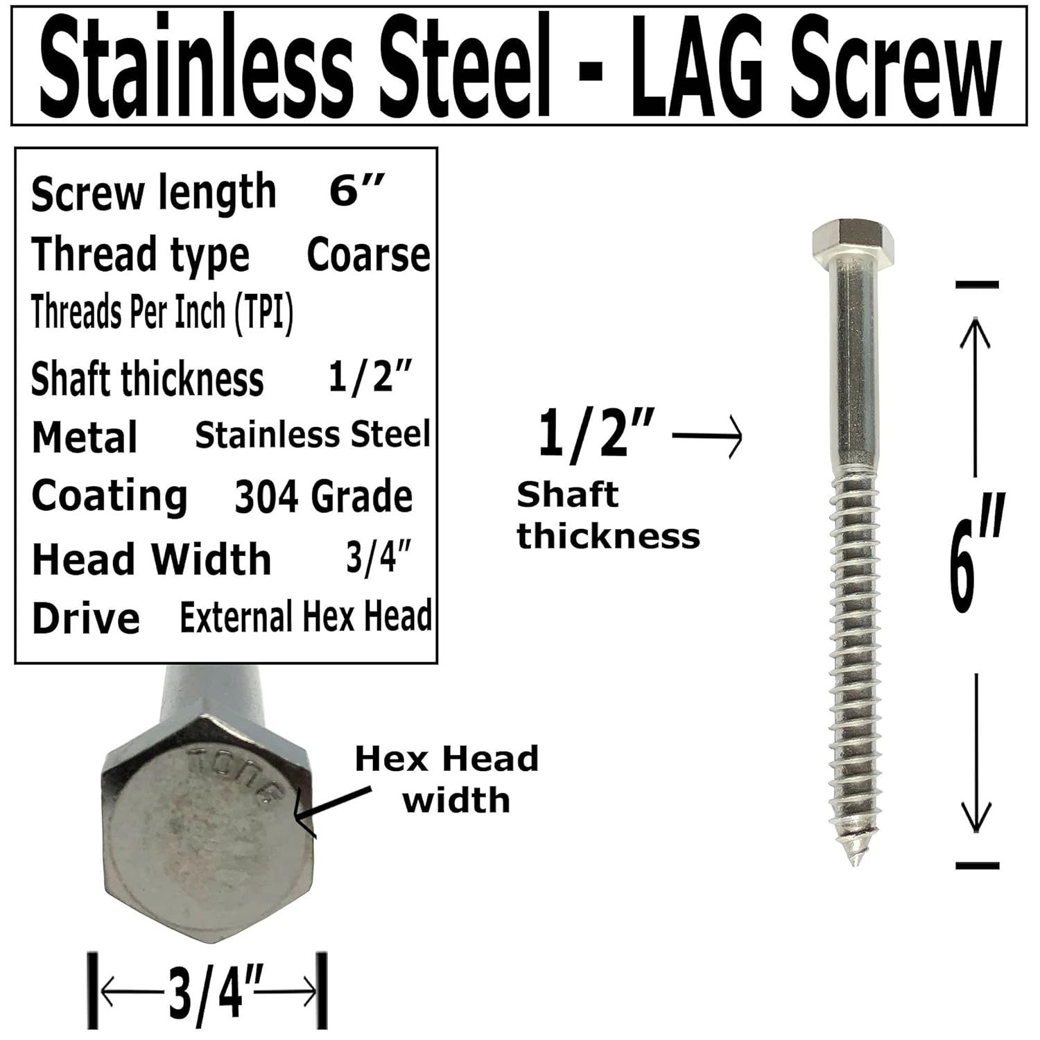 1/2" X 6" - 304 Grade Stainless Steel lag screws, Hex head fasteners, stainless steel screw. Use as Construction, wood, metal, lag screw or mounting screws fasteners lag bolts. Heavy duty screws. (10)