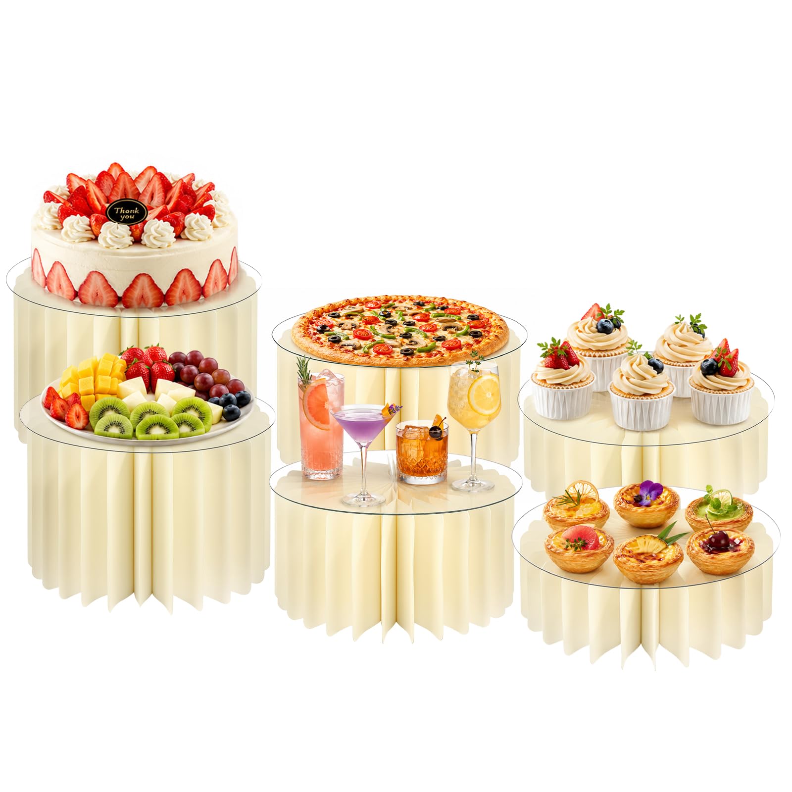 Yekolau 6-Pack Foldable Multi-Height Buffet Risers, White Cardboard Cylinder Stands with Acrylic Plates, Food Buffet Dessert Cake Risers for Wedding Cakes, Dessert Tables, Charcuterie Displays