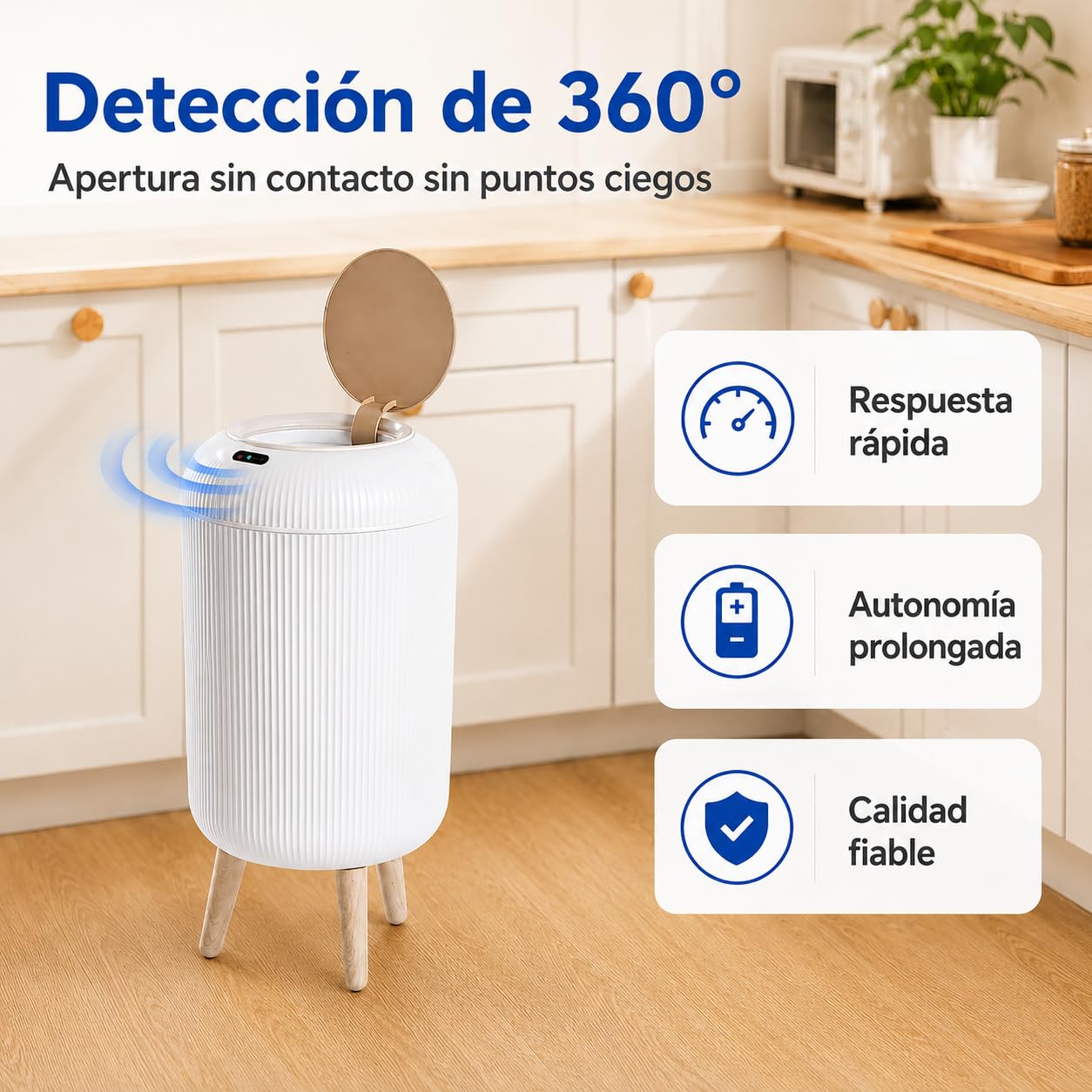 Papelera Automática 10L con Sensor para Baño, Blanca - Cubo Basura Inteligente con Diseño Redondo Elegante, Patas de Madera y Apertura Sin Contacto para Salón, Dormitorio u Oficina (10L)