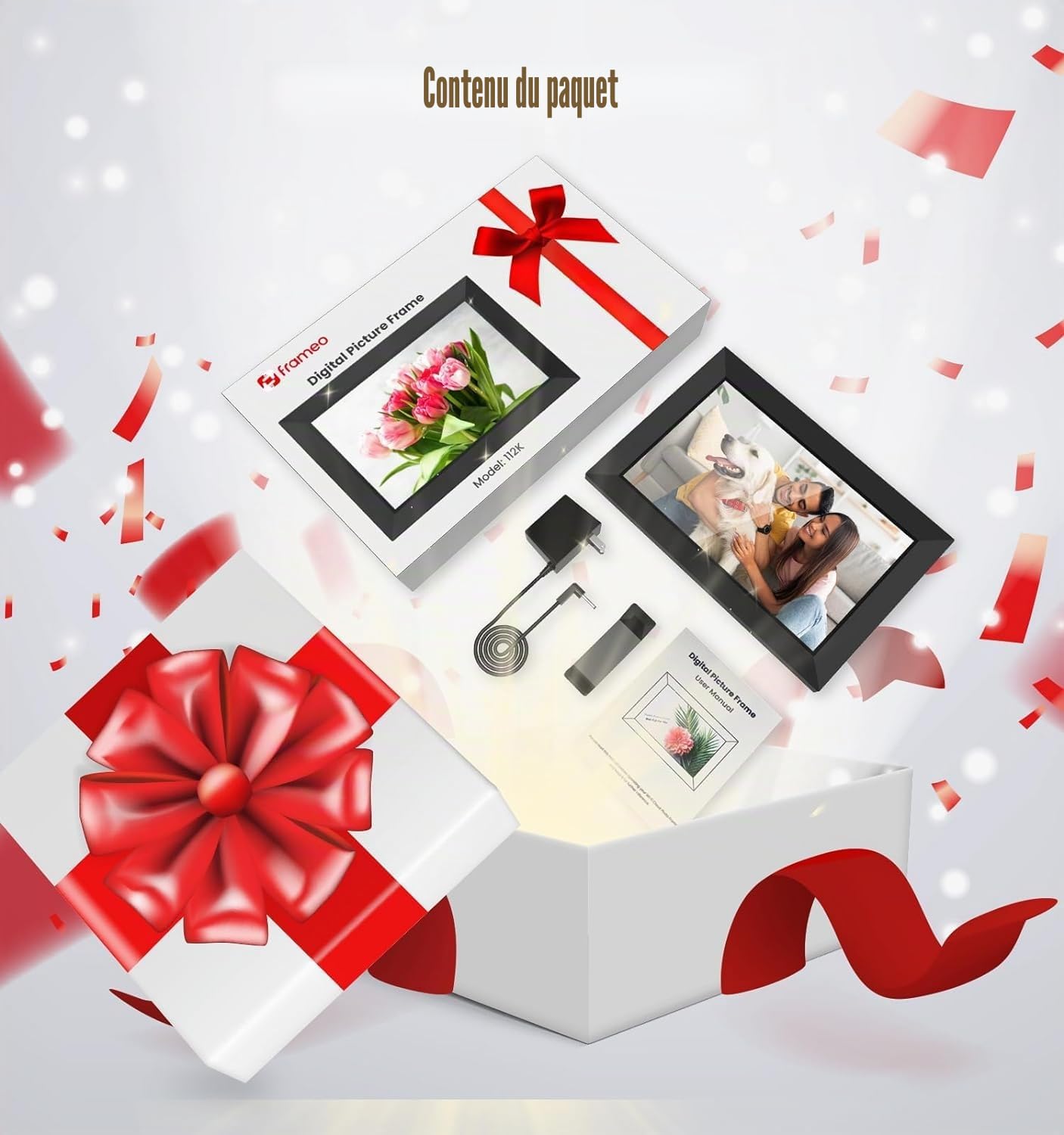 Frameo 10.1Pouces Cadre Photo Numérique WiFi, Mémoire Iinterne de 32 Go avec Écran Tactile HD 1280 * 800 IPS,Rotation Automatique,Configuration Facile et Partage de Photos ou de Vidéos Via Frameo