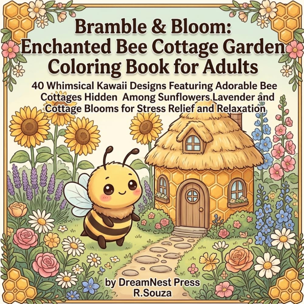 Bramble & Bloom: Enchanted Bee Cottage Garden Coloring Book for Adults: 40 Whimsical Kawaii Designs Featuring Adorable Bee Cottages Hidden Among ... Blooms for Stress Relief and Relaxation