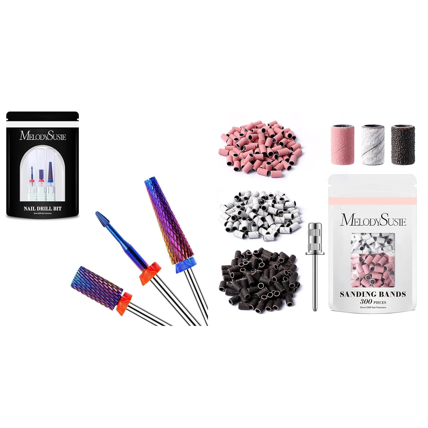 MelodySusie 3Pcs Nail Drill Bits Set with 300 Pcs Sanding Bands with Mandrel