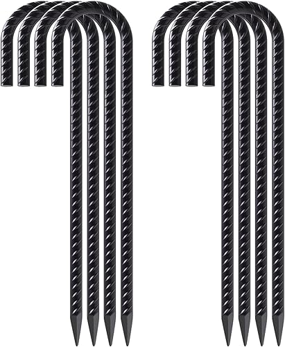 Miniatura 1 de VVOKGO - Juego de 8 estacas de acero negro con gancho en J de 16 pulgadas para fijar campamentos, vallas, columpios, redes de fútbol, decoraciones