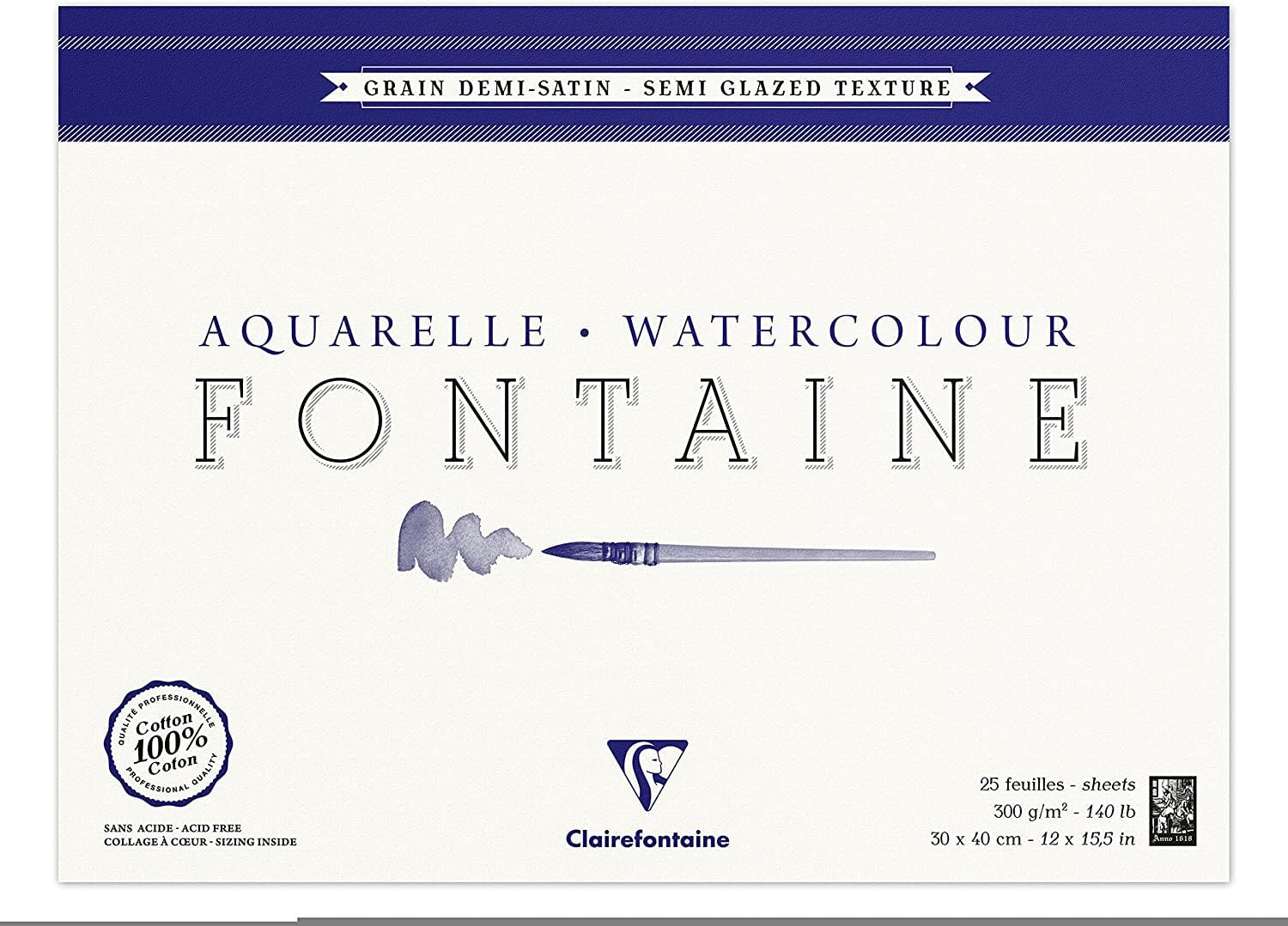 Clairefontaine 96407C Blocco collato 4 lati Fontaine - 25 Fogli Carta Acquerello Bianca 100% Cotone Grana semi-satinata Qualità Professionale 30x40 cm 300g