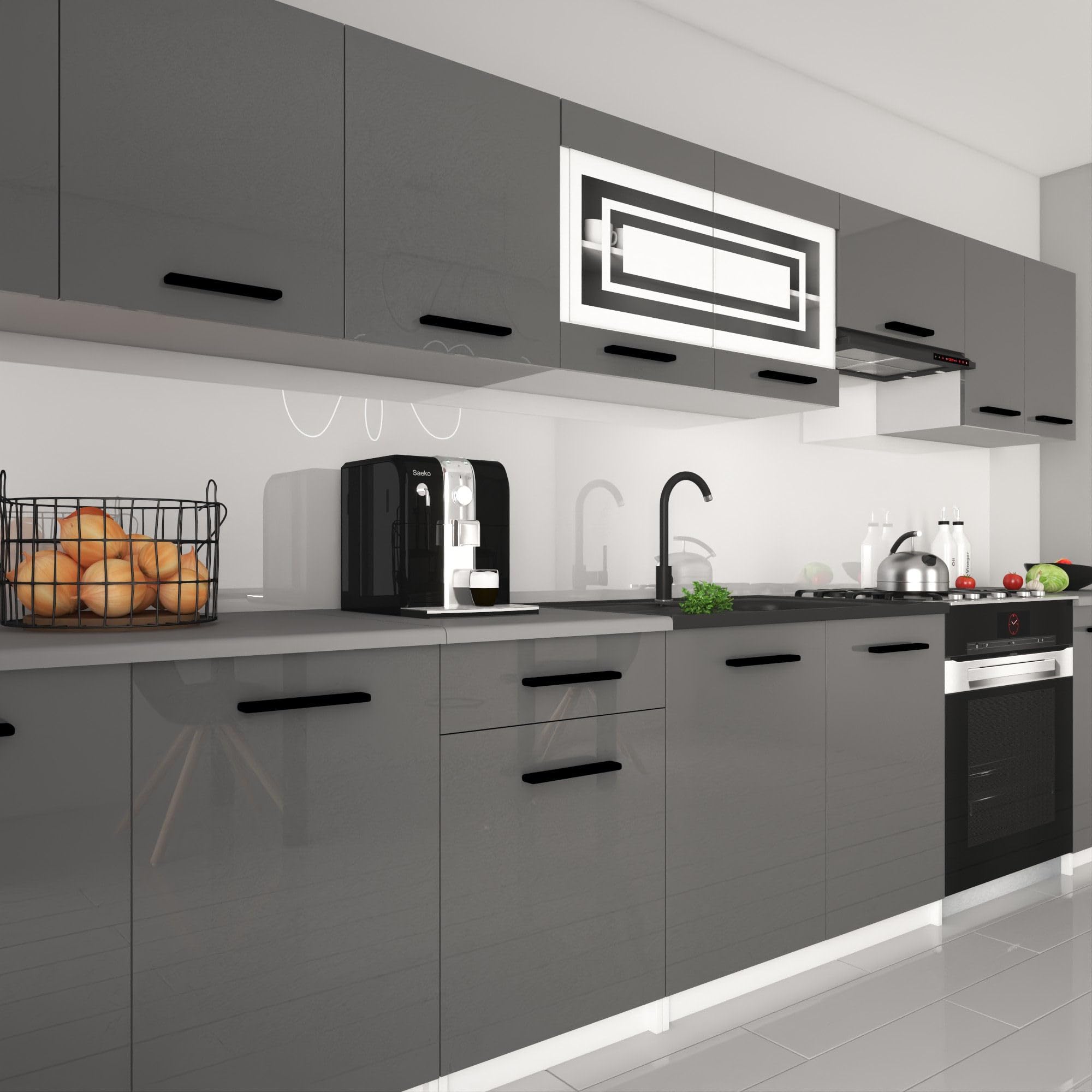Belini Italia 3 Liniowa szafka kuchenna 320 cm Szary Gloss | ECONATURA DECOR Liniowa szafka kuchenna, szafka, bez sprzętu AGD, z blatem roboczym