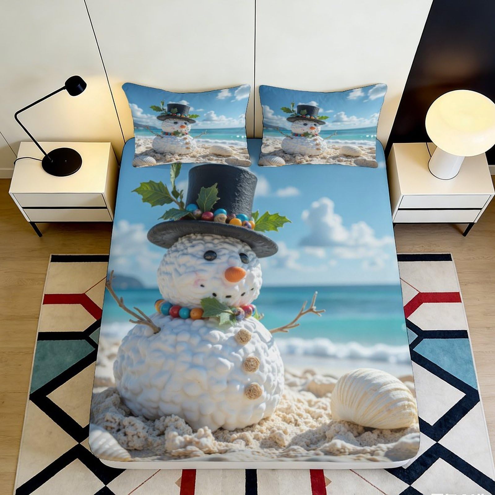 3D Printed Beach Snowman Fitted Sheet Microfiber Washable Bedding Set Beach Snowman Mattress Fitted Cover Deep Pocket Non Slip 200x200x25cm 90x200x25cm