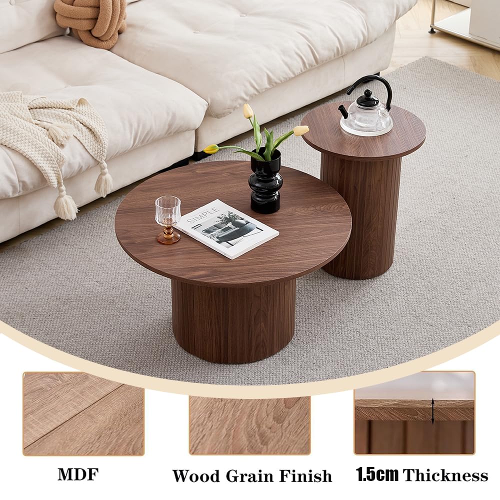 Set di 2 tavolini da caffè rotondi impilabili in stile tamburo per soggiorno, camera da letto, balcone, ufficio, stile moderno di metà secolo（venature del legno marrone）